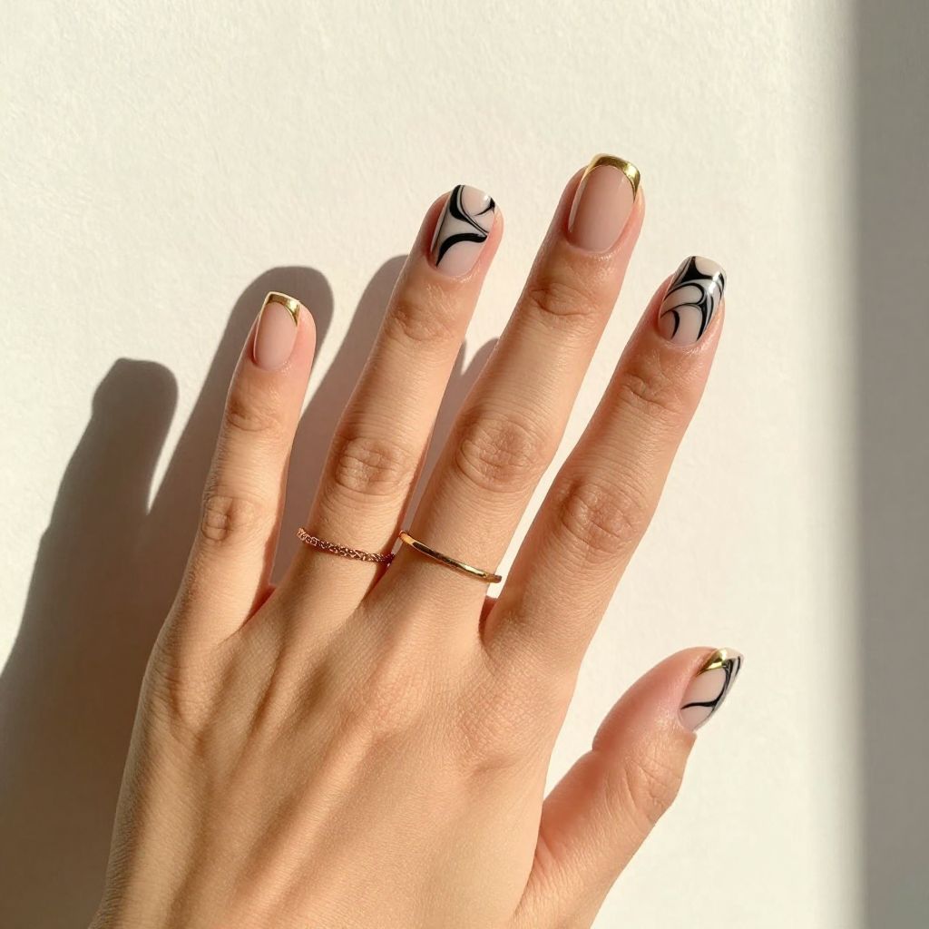 Nude Base with Bold Marbled Black and White Swirls