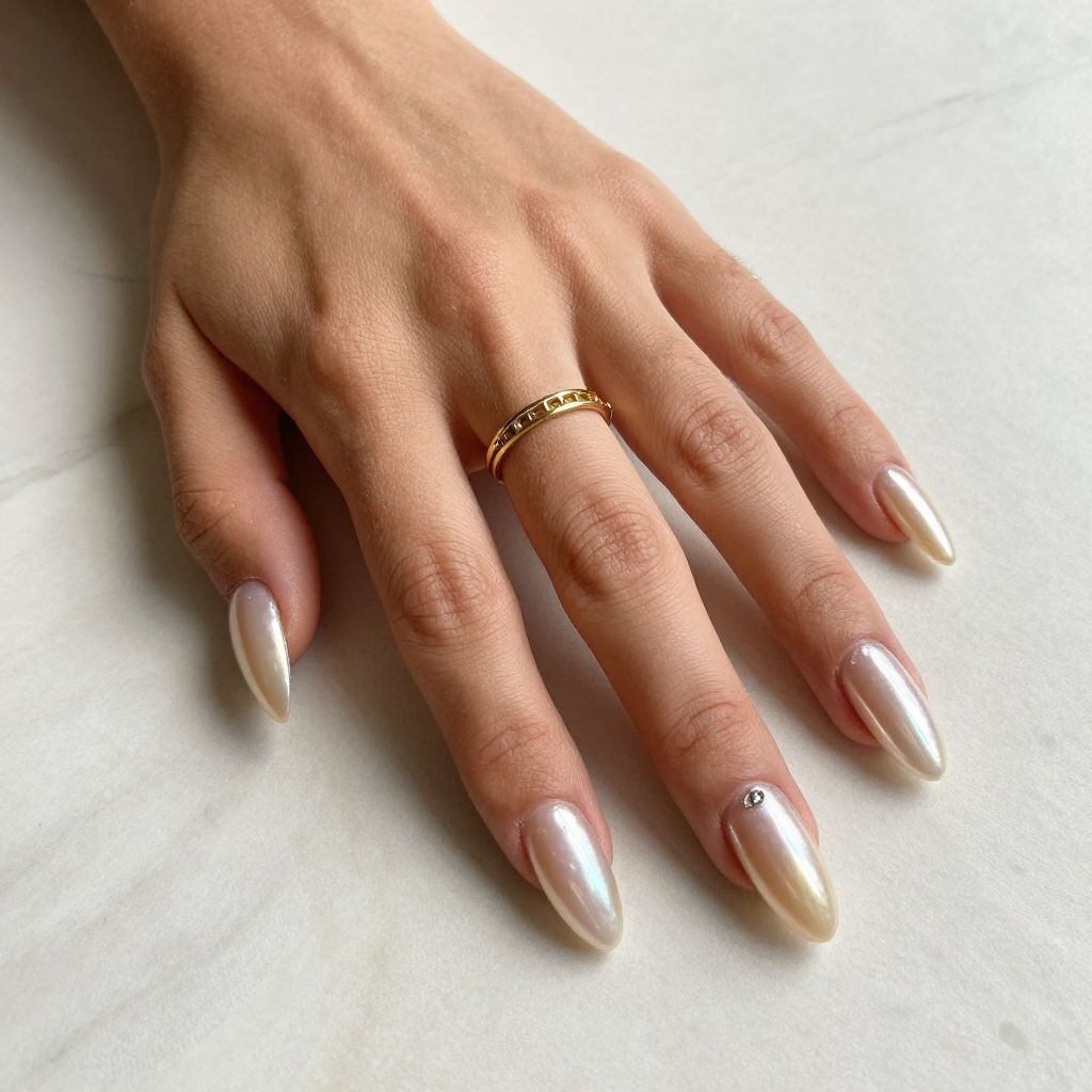 Champagne Pearl Coffin Nails with Rhinestone Accent