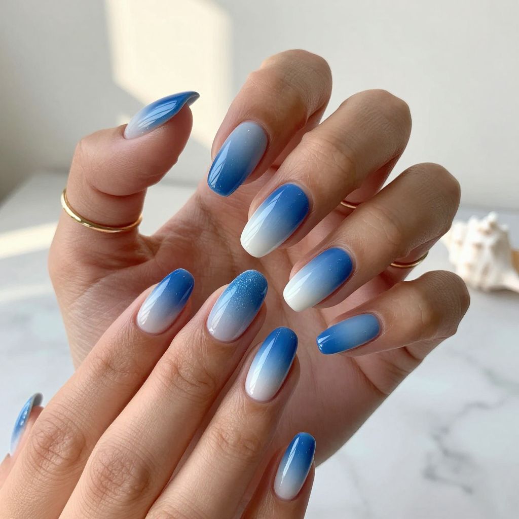 Ocean Blue Ombre with White Gradient Almond Nails