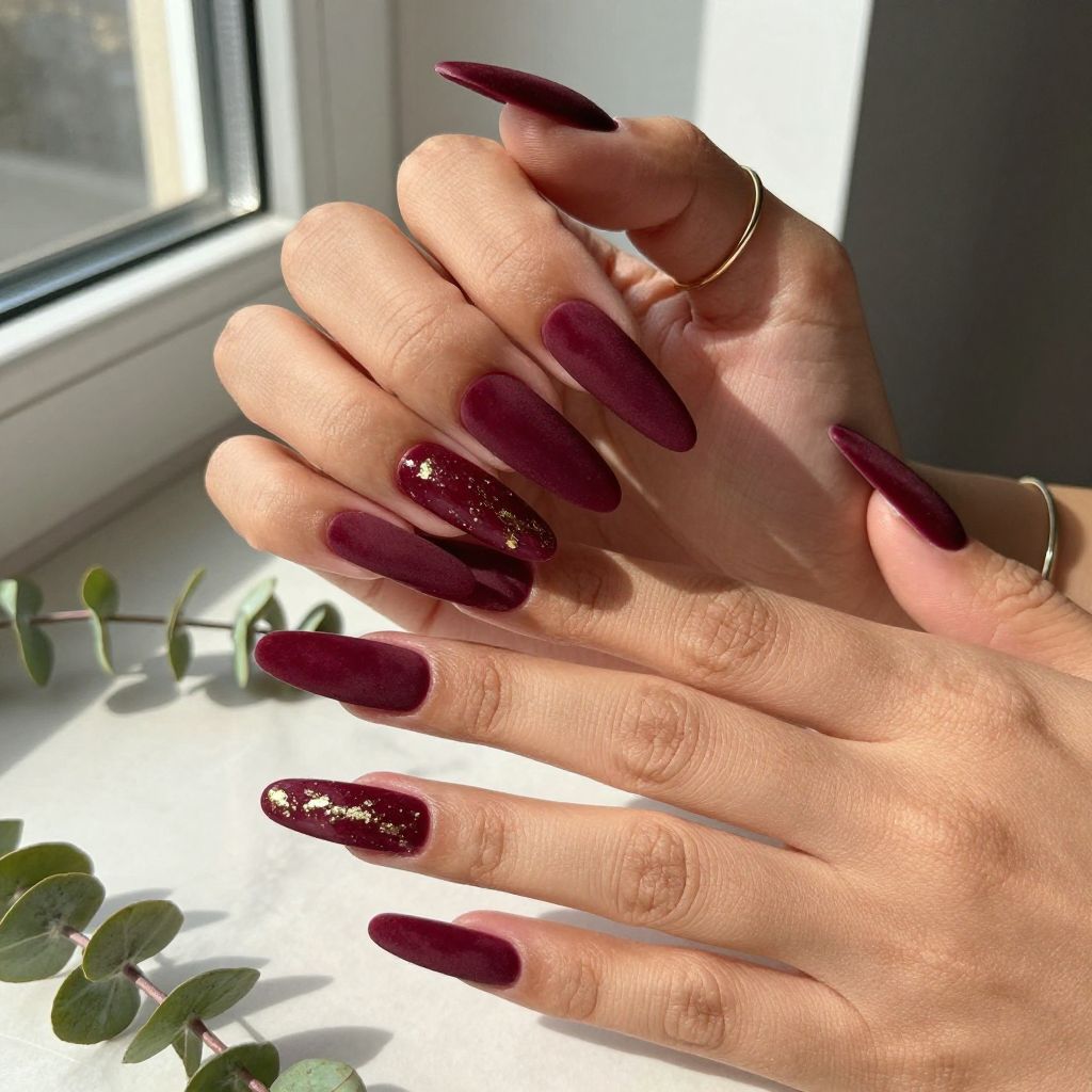Burgundy Velvet Matte Coffin Nails