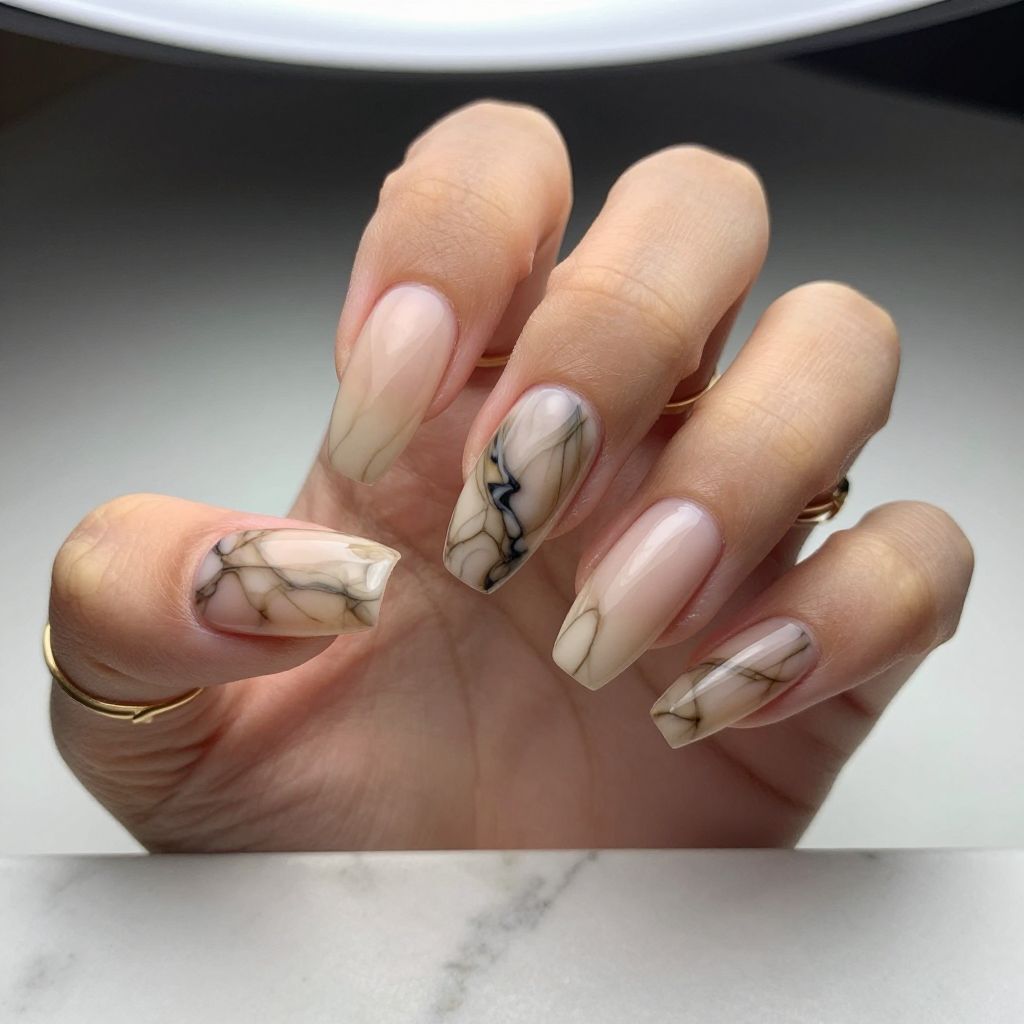 Nude Marble Coffin Nails