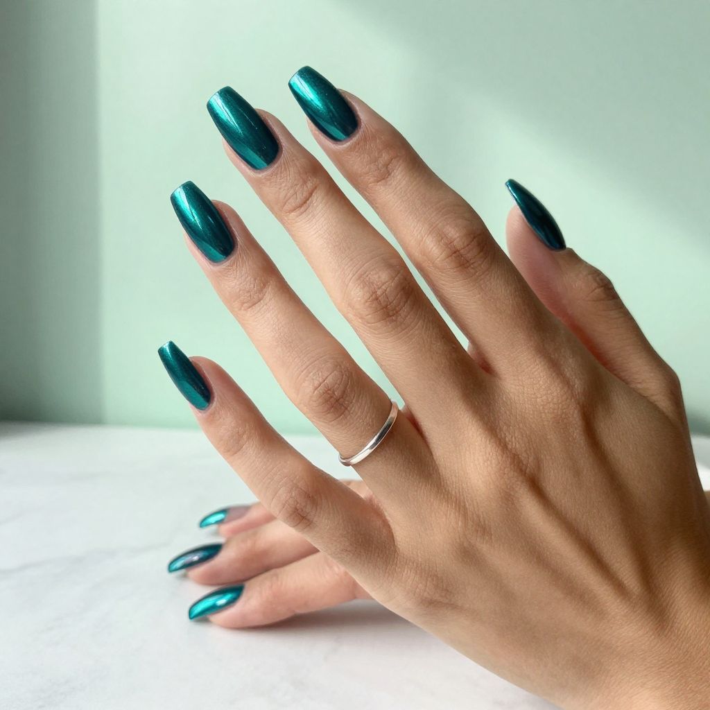 Deep Teal Chrome Coffin Nails