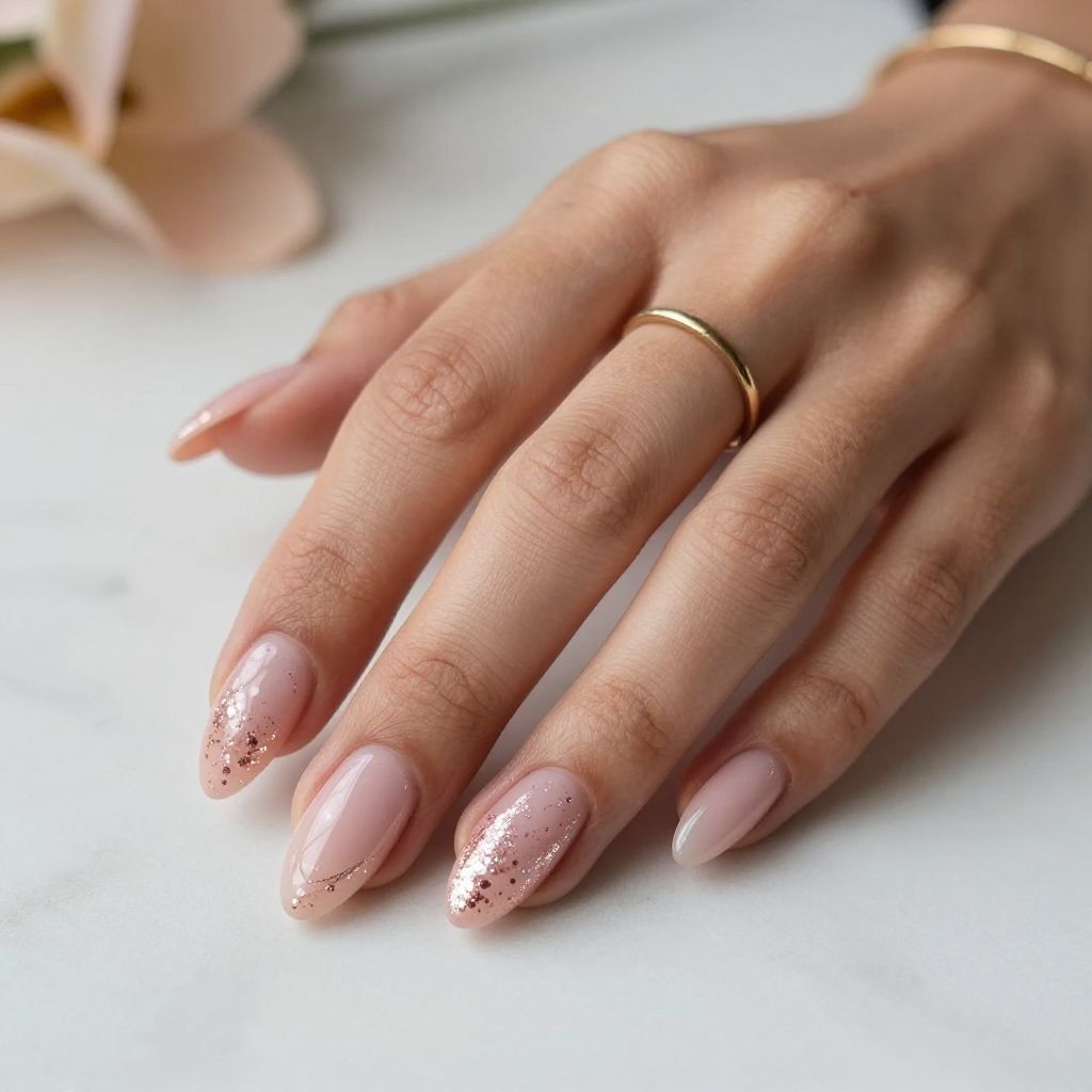 Blush Pink Glitter Almond Nails