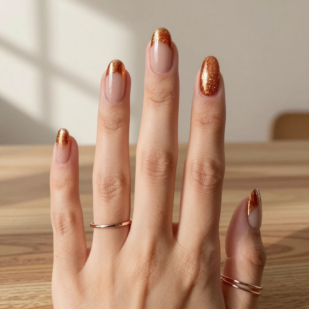 Copper and Nude Glitter French Nails