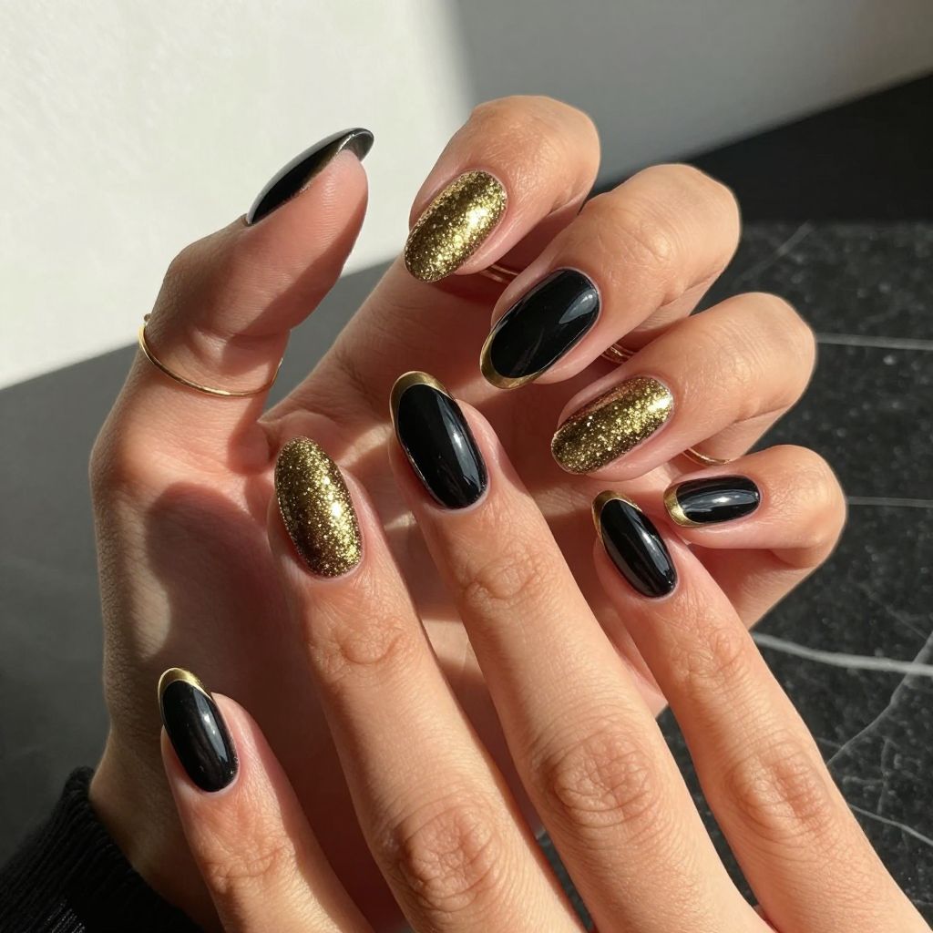 Black and Gold Glitter French Tips