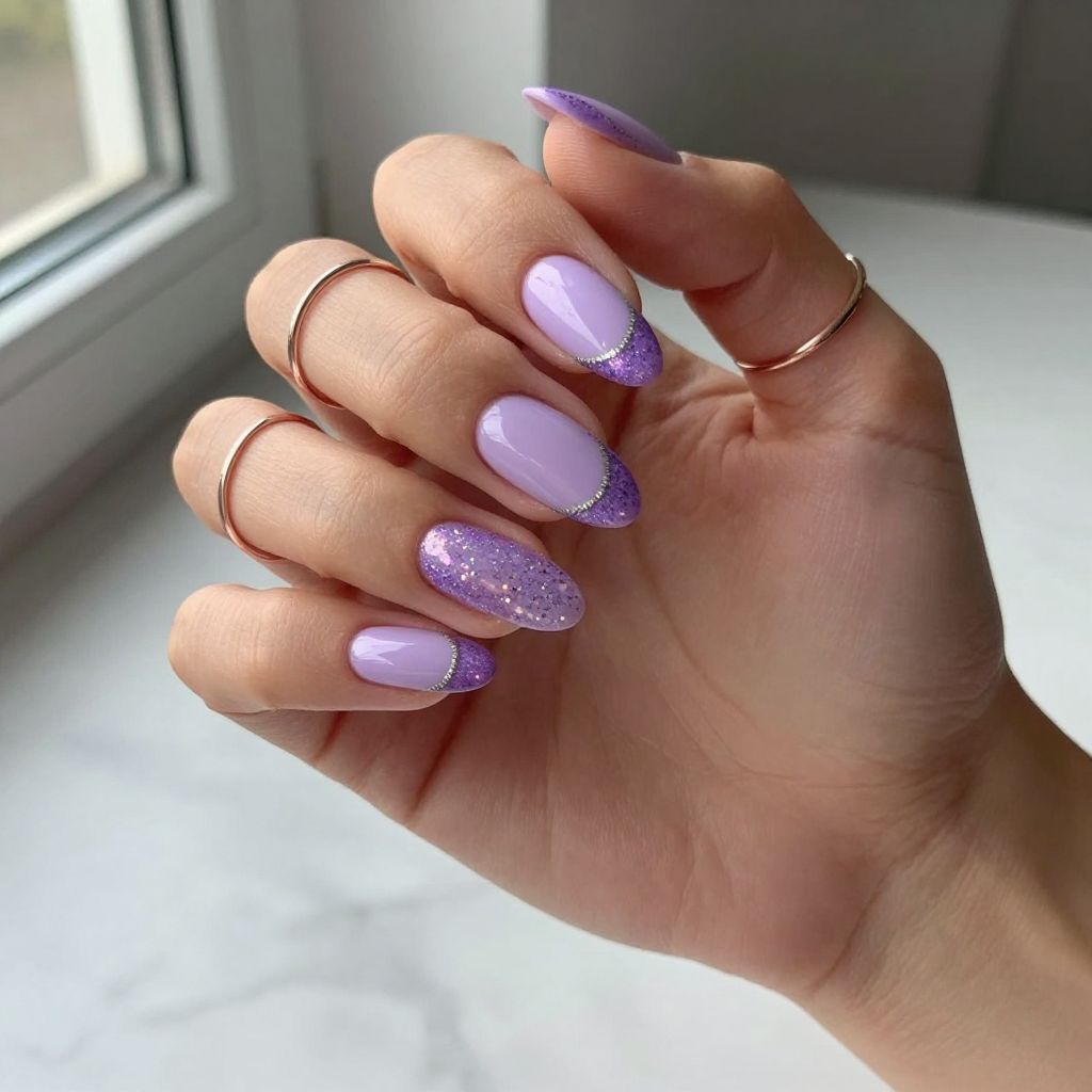 Lavender with Purple Glitter French Nails