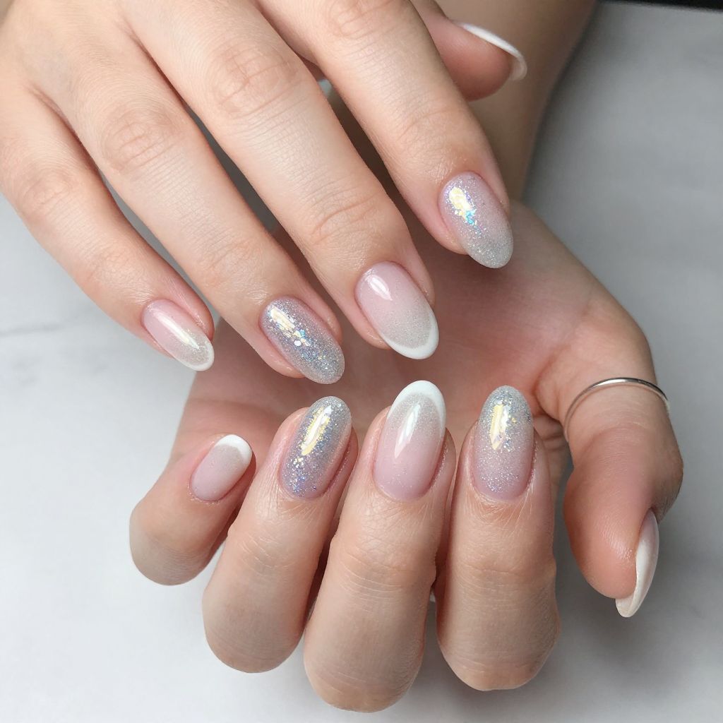 Holographic Silver Glitter French Tips