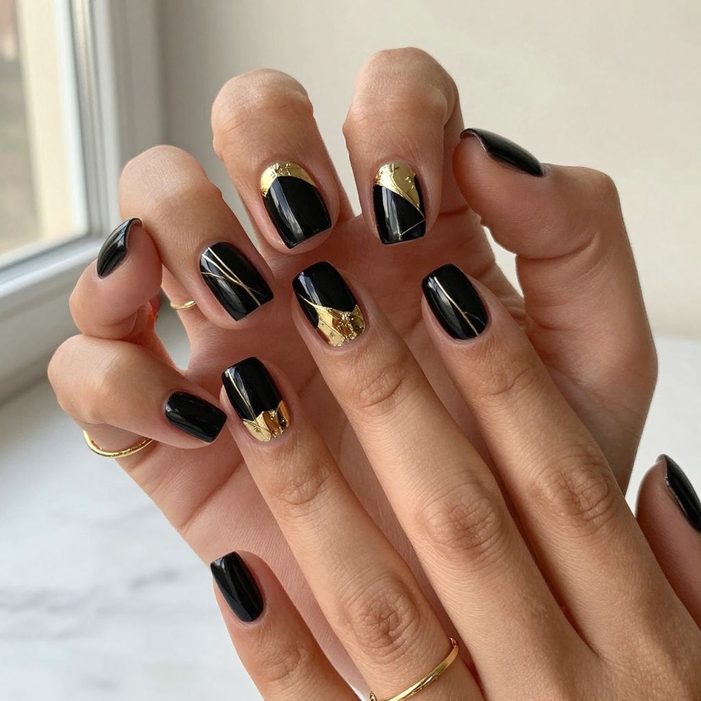 Geometric Gold and Black Nails