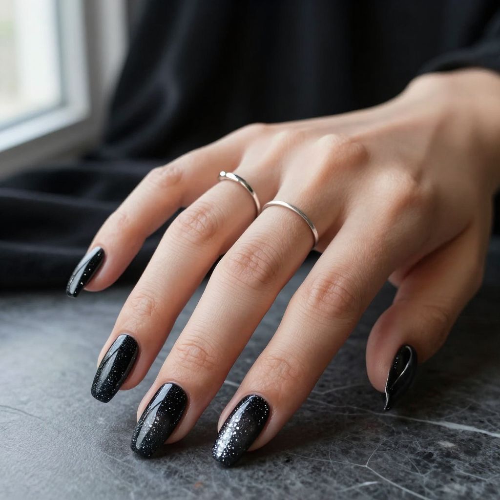 Coffin Shaped Black Nails with Glitter Gradient