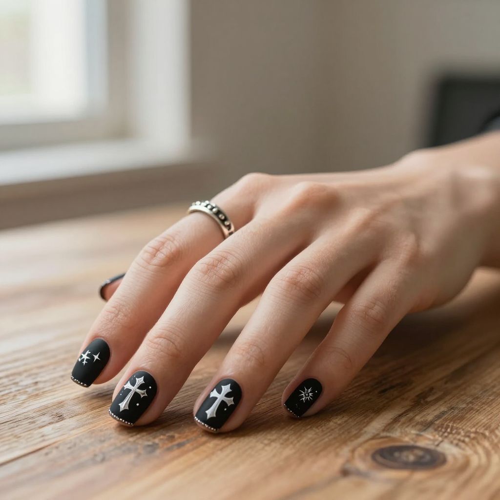 Black Nails with White Crosses and Symbols