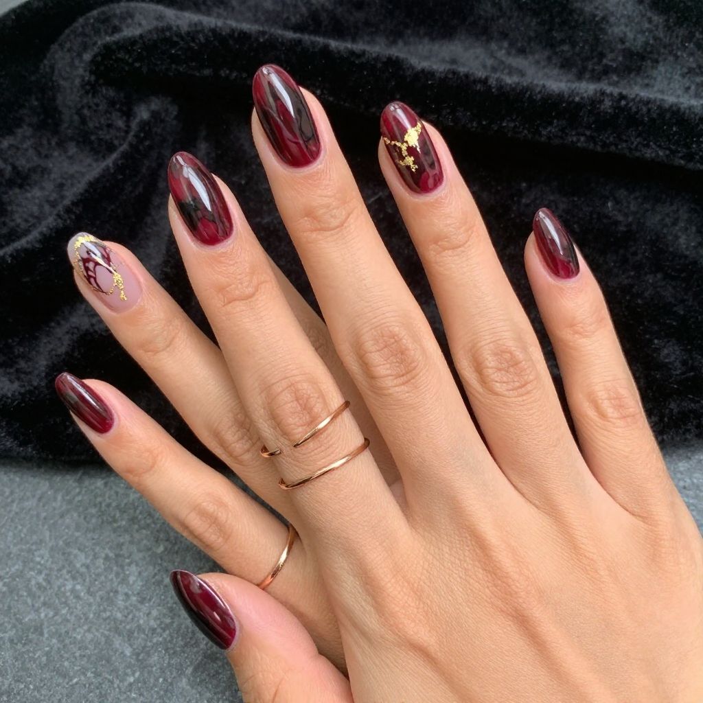 Deep Burgundy and Black Marble Nails