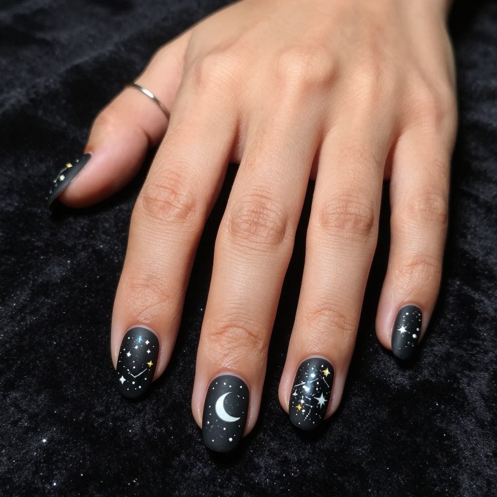 Black Nails with Hand Painted Celestial Elements