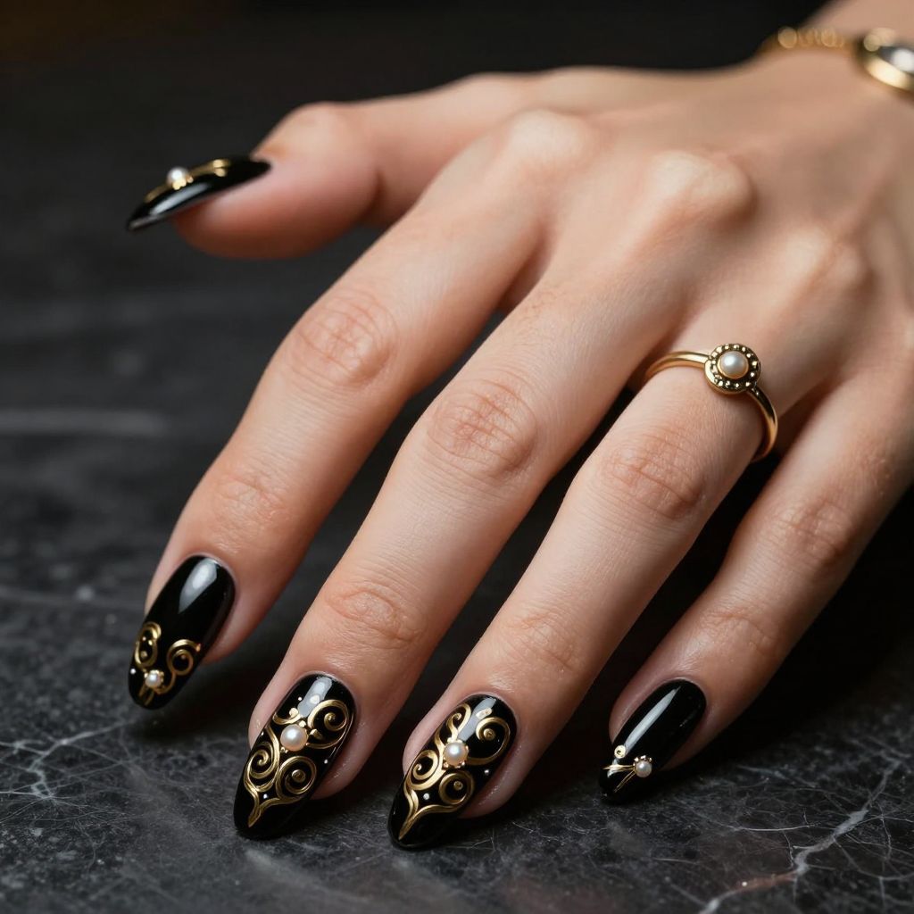 Black Nails with Ornate Gold Filigree