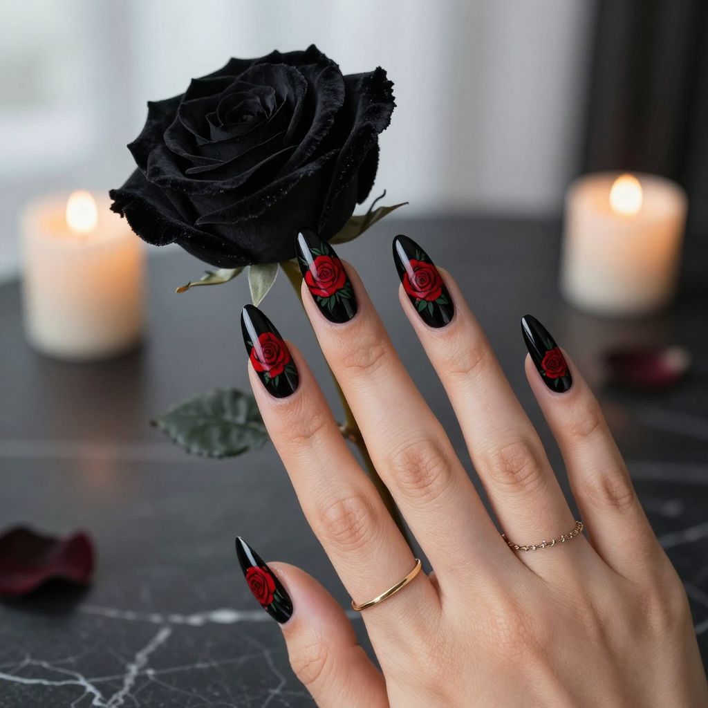 Black Nails with Red Rose Details