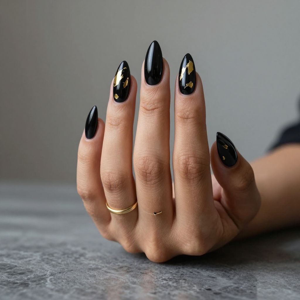 Black Stiletto Nails with Gold Accents