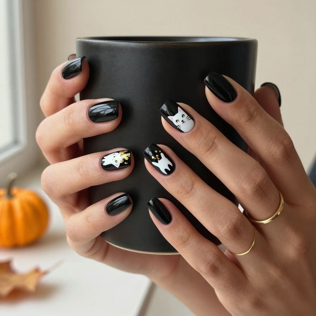 Spooky Black Cat Nails