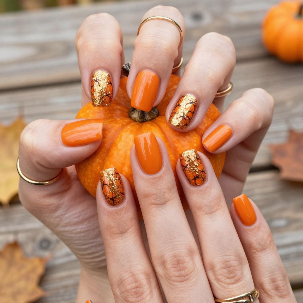 Glittering Pumpkin Orange Nails
