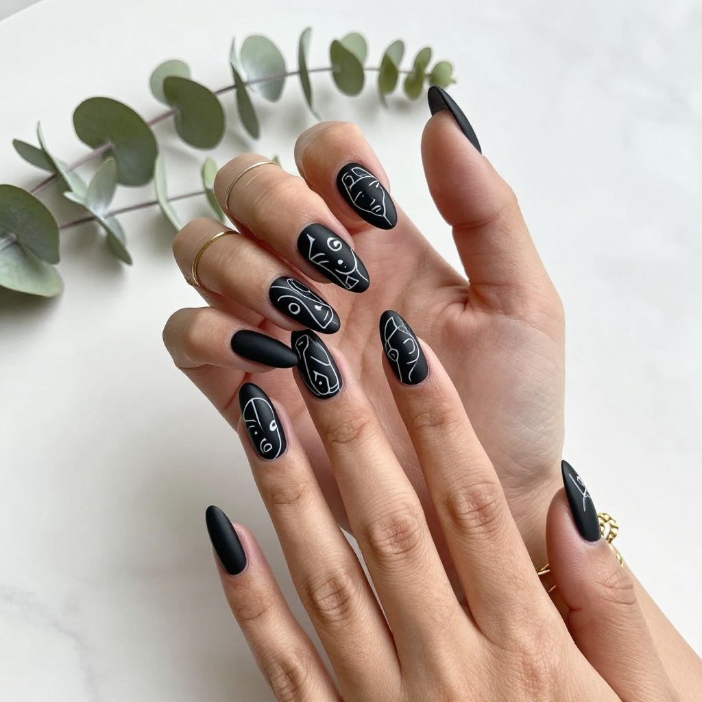 Matte Black with White Line Art