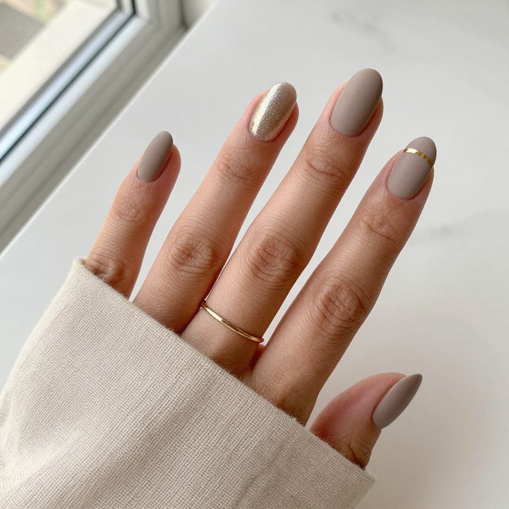 Warm Gray Matte Manicure with Minimal Gold Accent