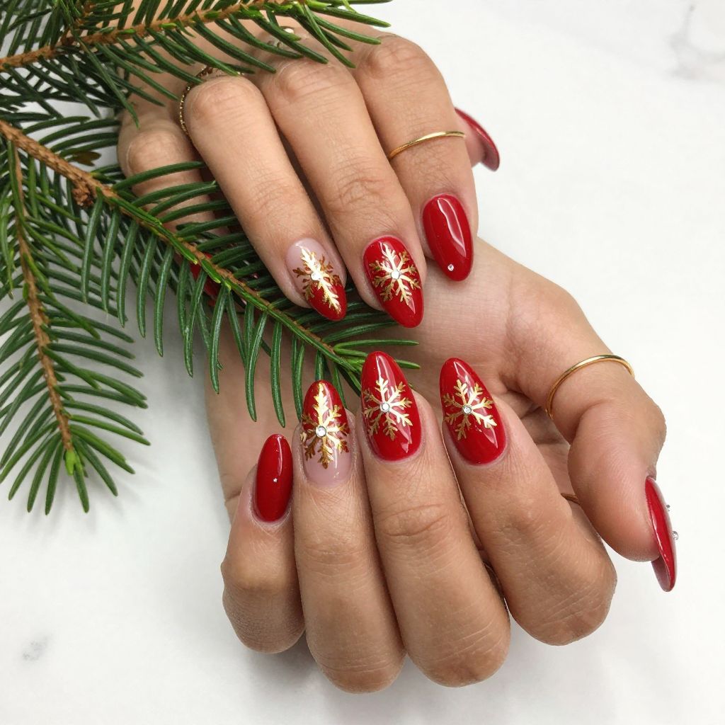 Red with Gold Snowflake Nail Art