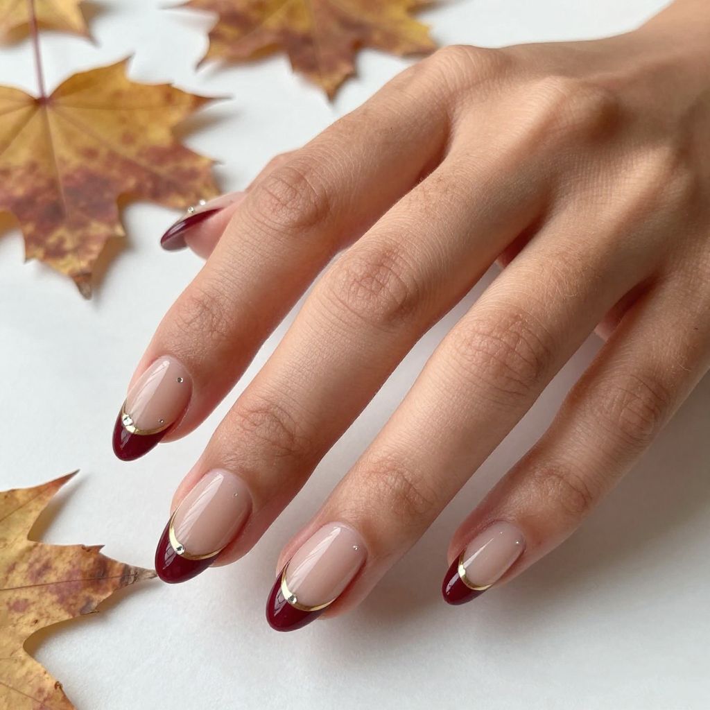 Nude with Burgundy Ombre Tips and Gold Striping