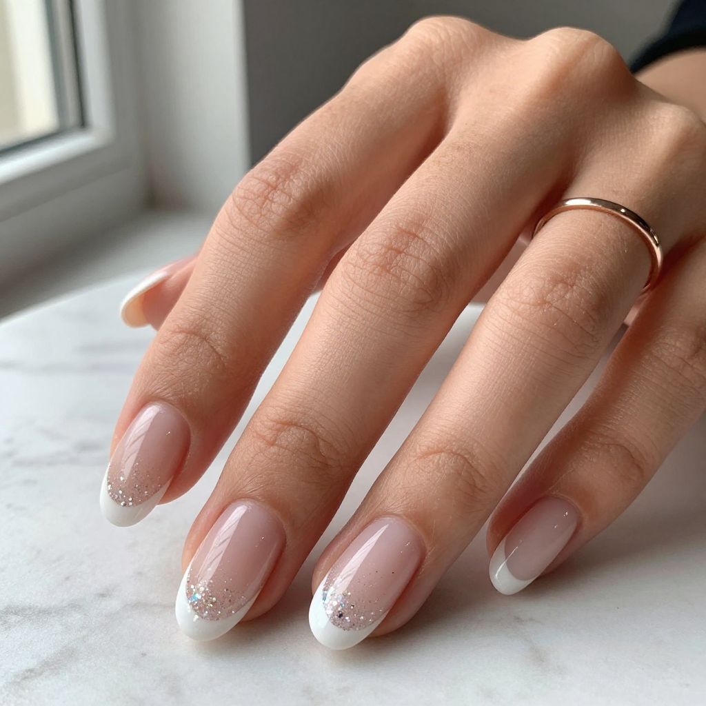 Sheer Nude French Tips with Glitter Gradient