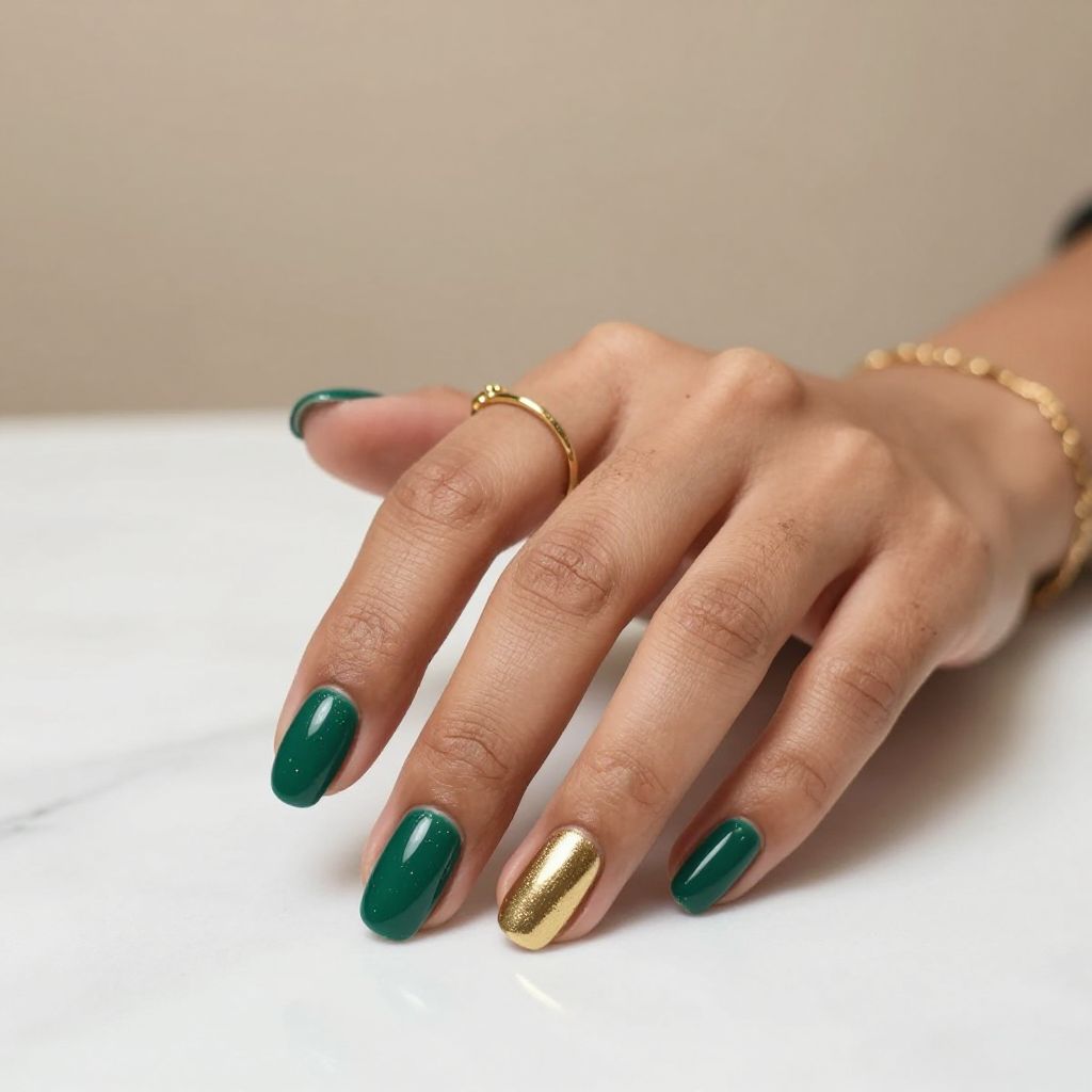 Emerald Green with Gold Accent Nail