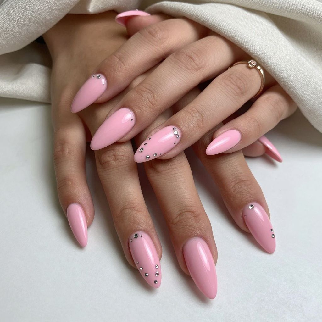 Candy Pink Stiletto Nails with Rhinestones