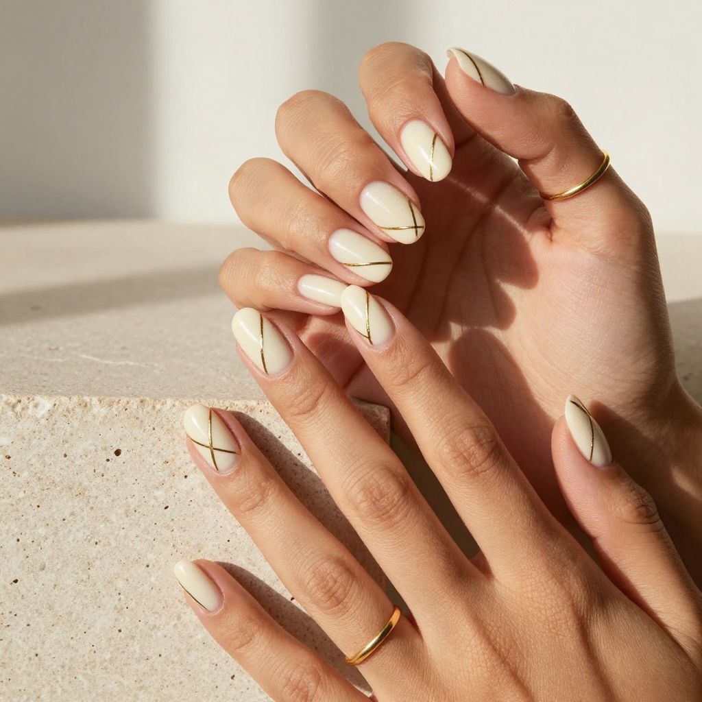 Cream and Gold Geometric French Tips