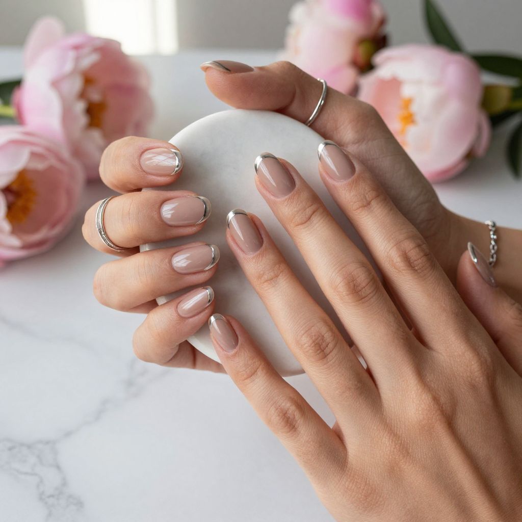 Nude with Thin Silver Accent Lines Oval Nails