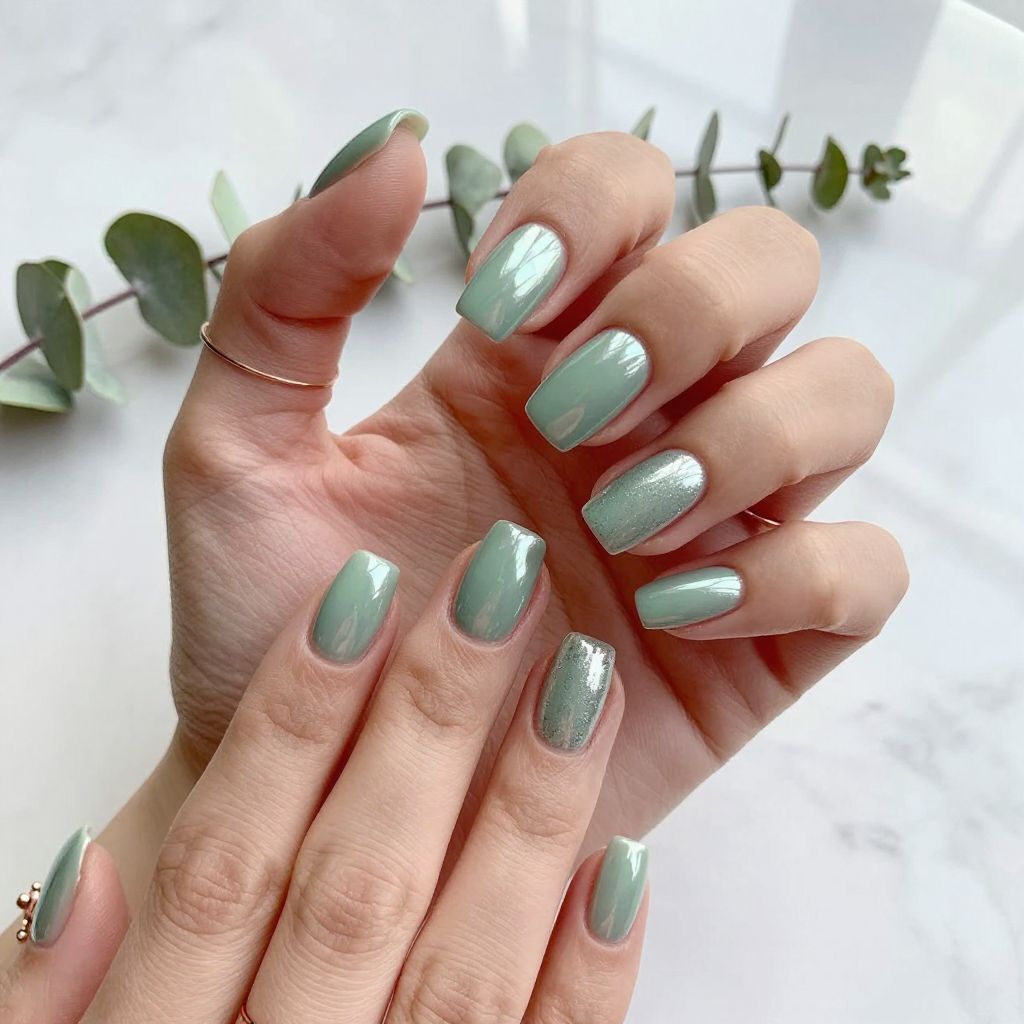 Sage Green Chrome Nails