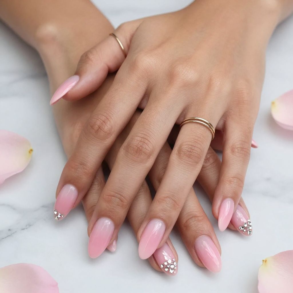 Soft Pink Ombre with Rhinestone Tips Almond Nails