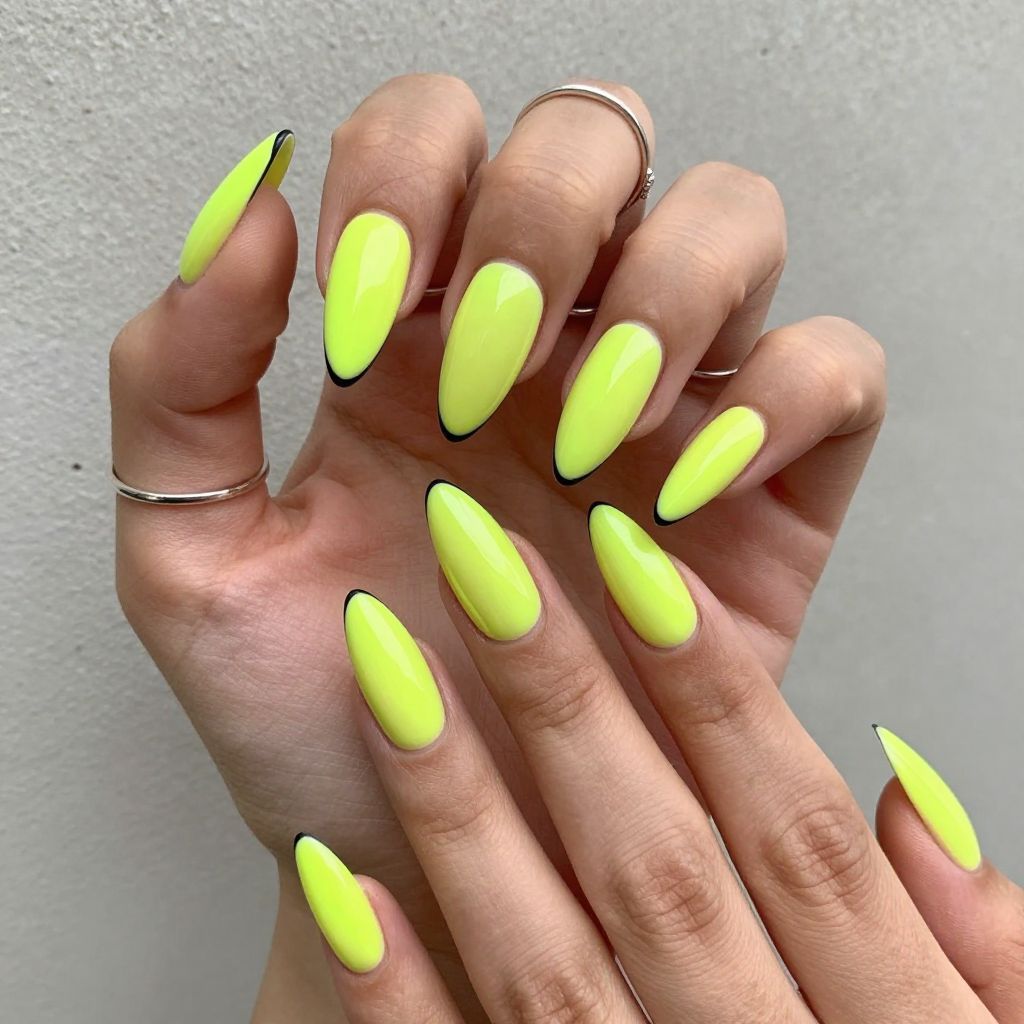Neon Yellow Stiletto Nails with Black Tips