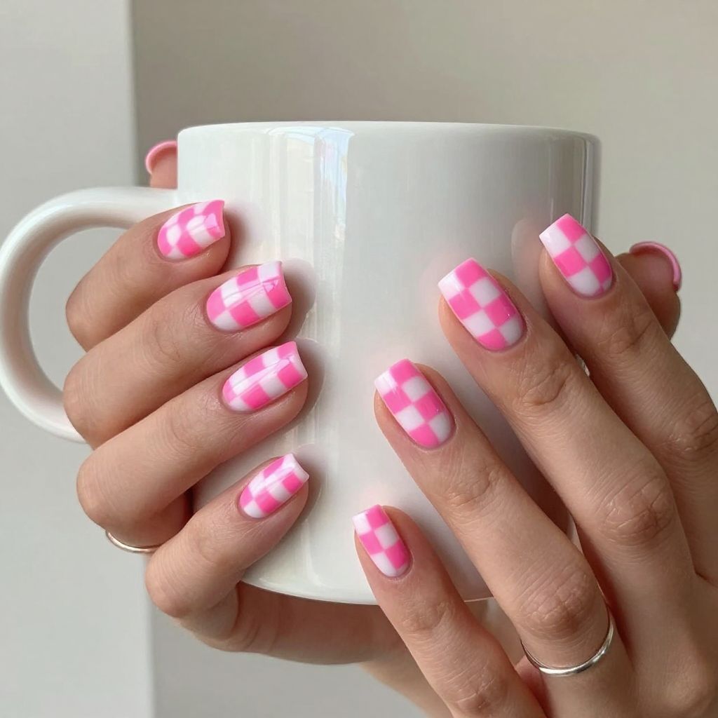Neon Pink and White Checkerboard Nails