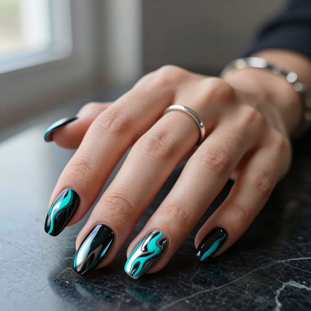 Neon Cyan Metallic Swirl Nails