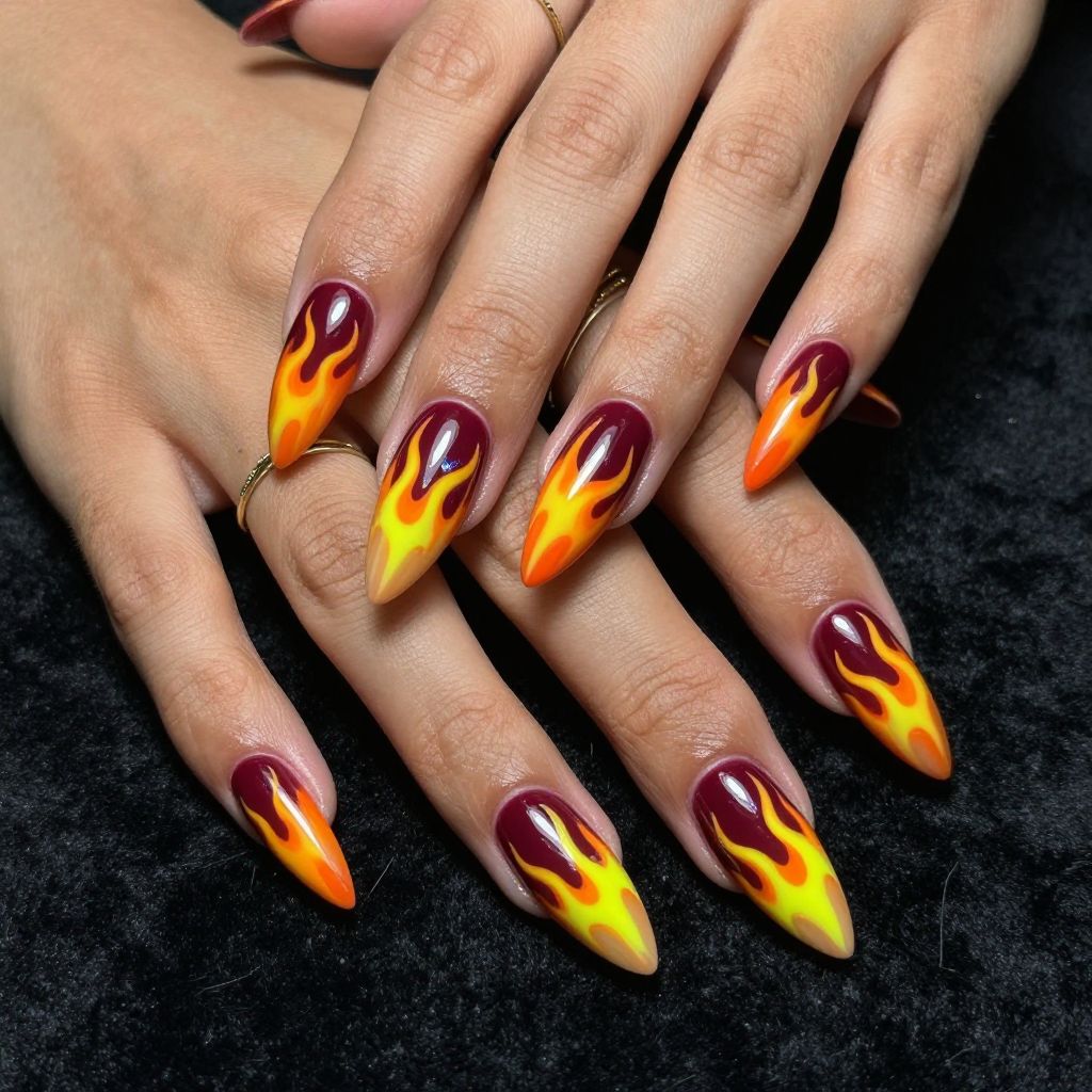 Neon Yellow and Orange Flame Nails