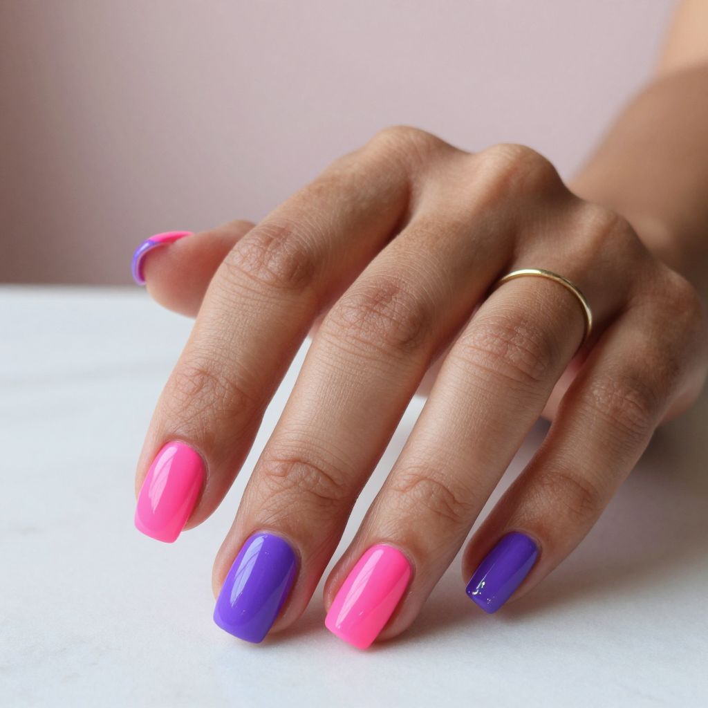 Neon Pink and Purple Split Screen Nails