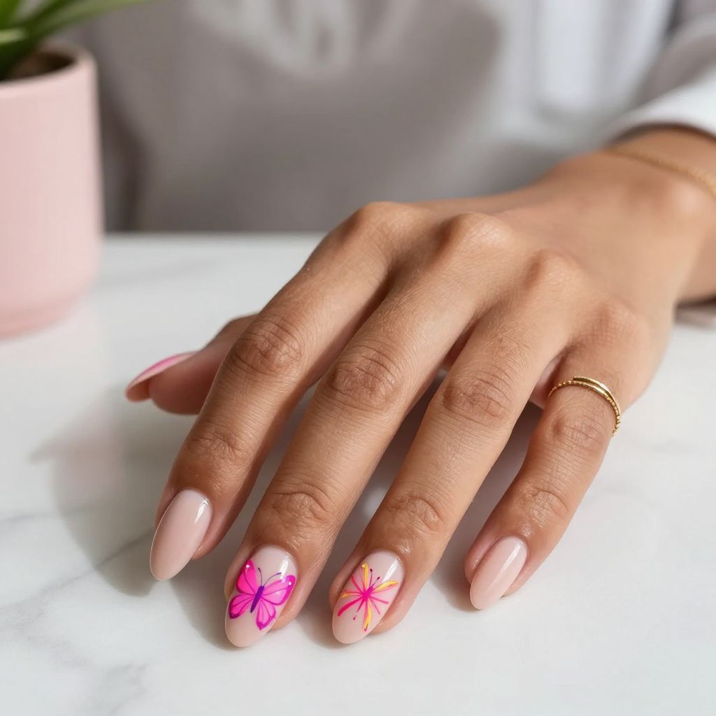 Neon Pink Butterfly Accent Nails