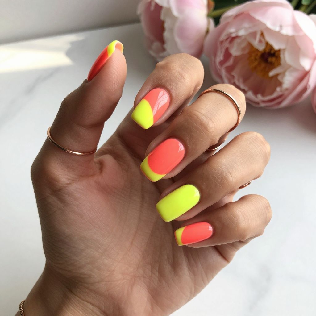 Neon Coral and Yellow Color Block Nails