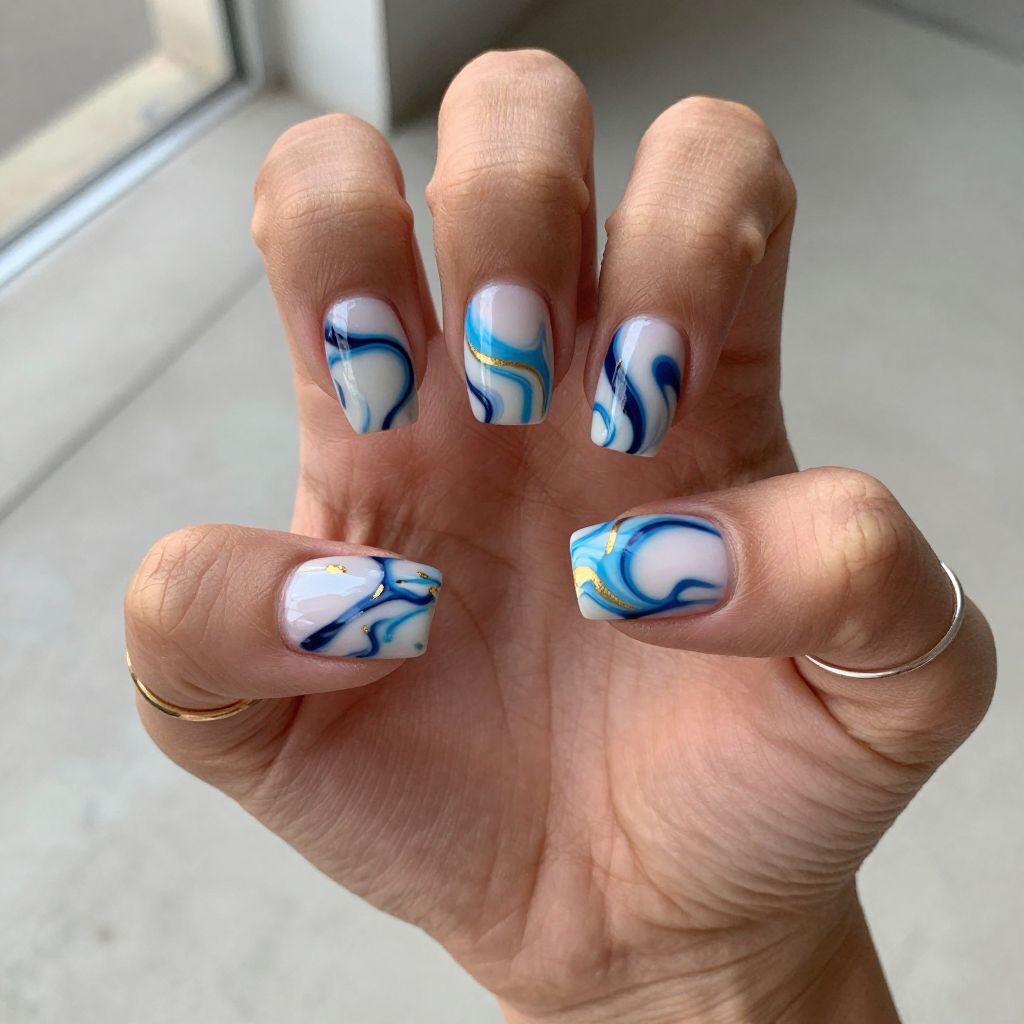 Neon Blue Marble Effect Nails