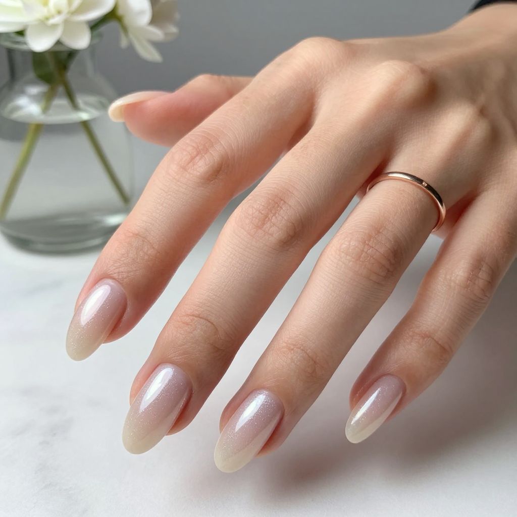 Nude Coffin Nails with Subtle Pearl Shimmer