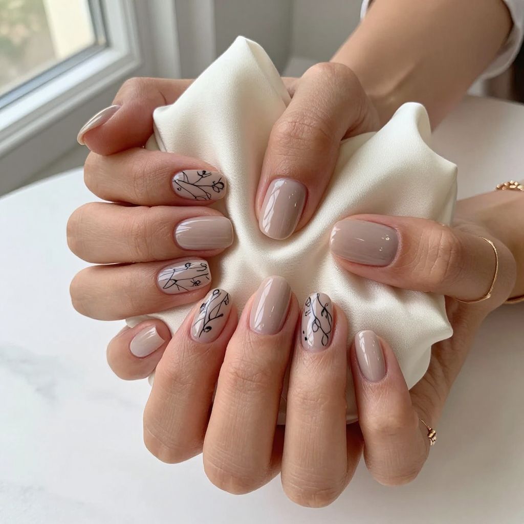 Soft Taupe with Fine Art Accent Nail