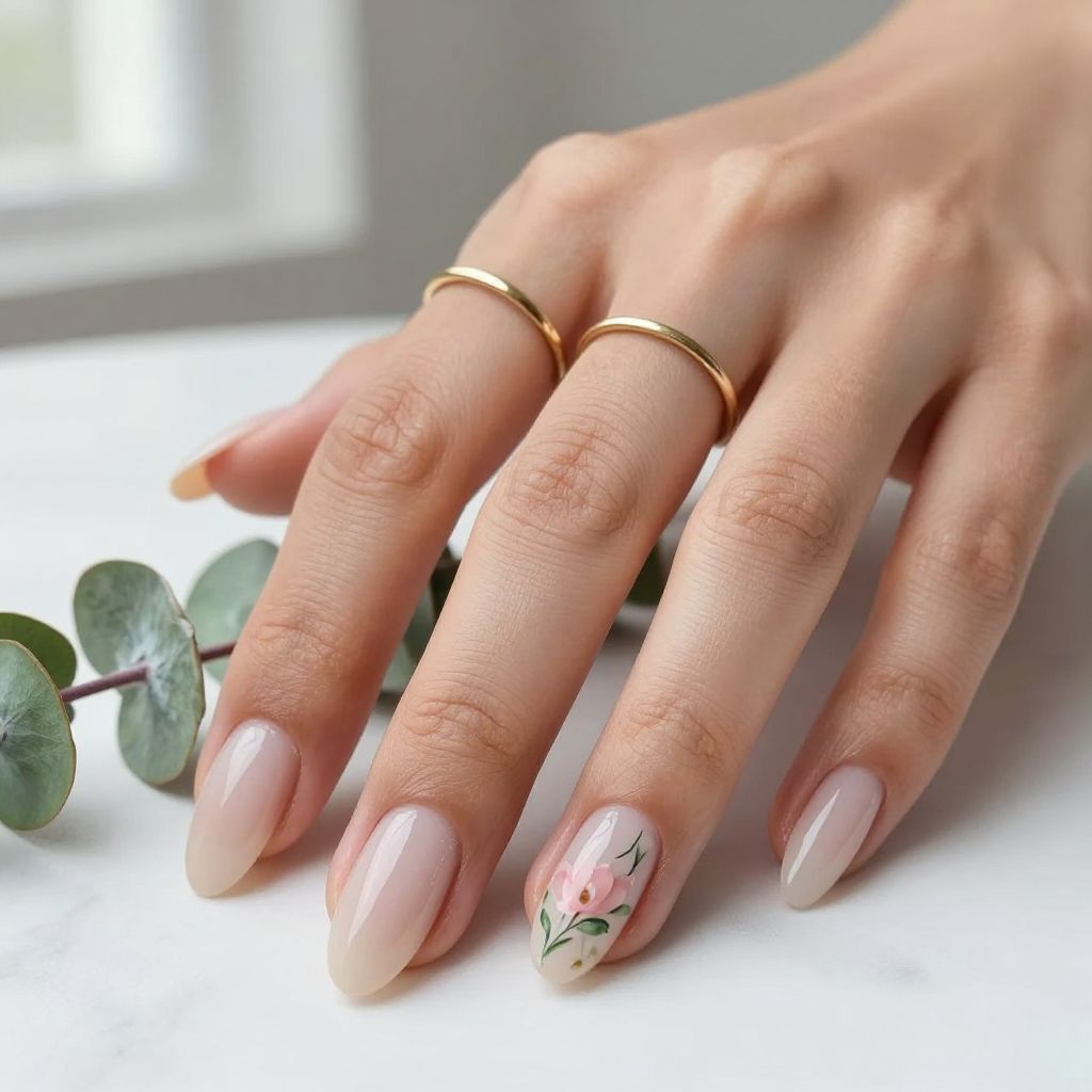 Pale Nude Long Nails with Delicate Floral Accent