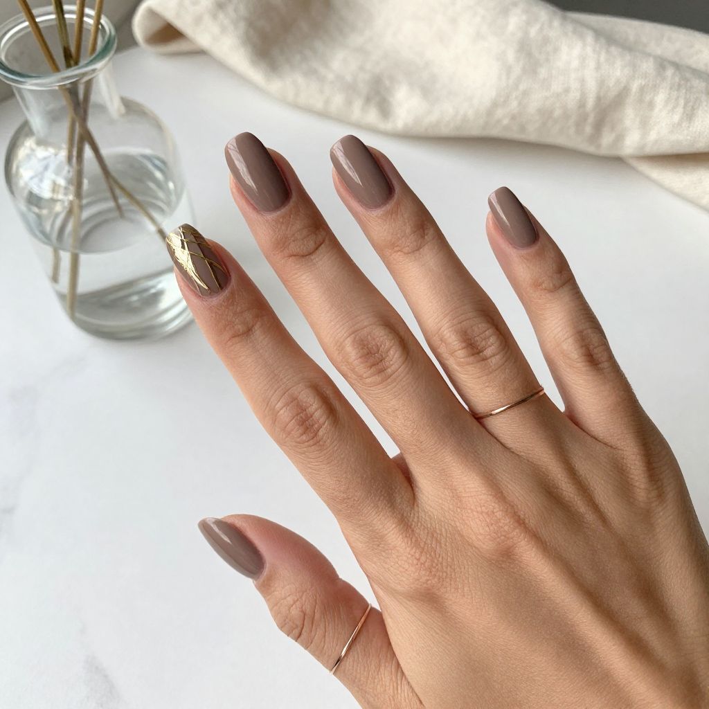 Warm Taupe Coffin Nails with Gold Accents