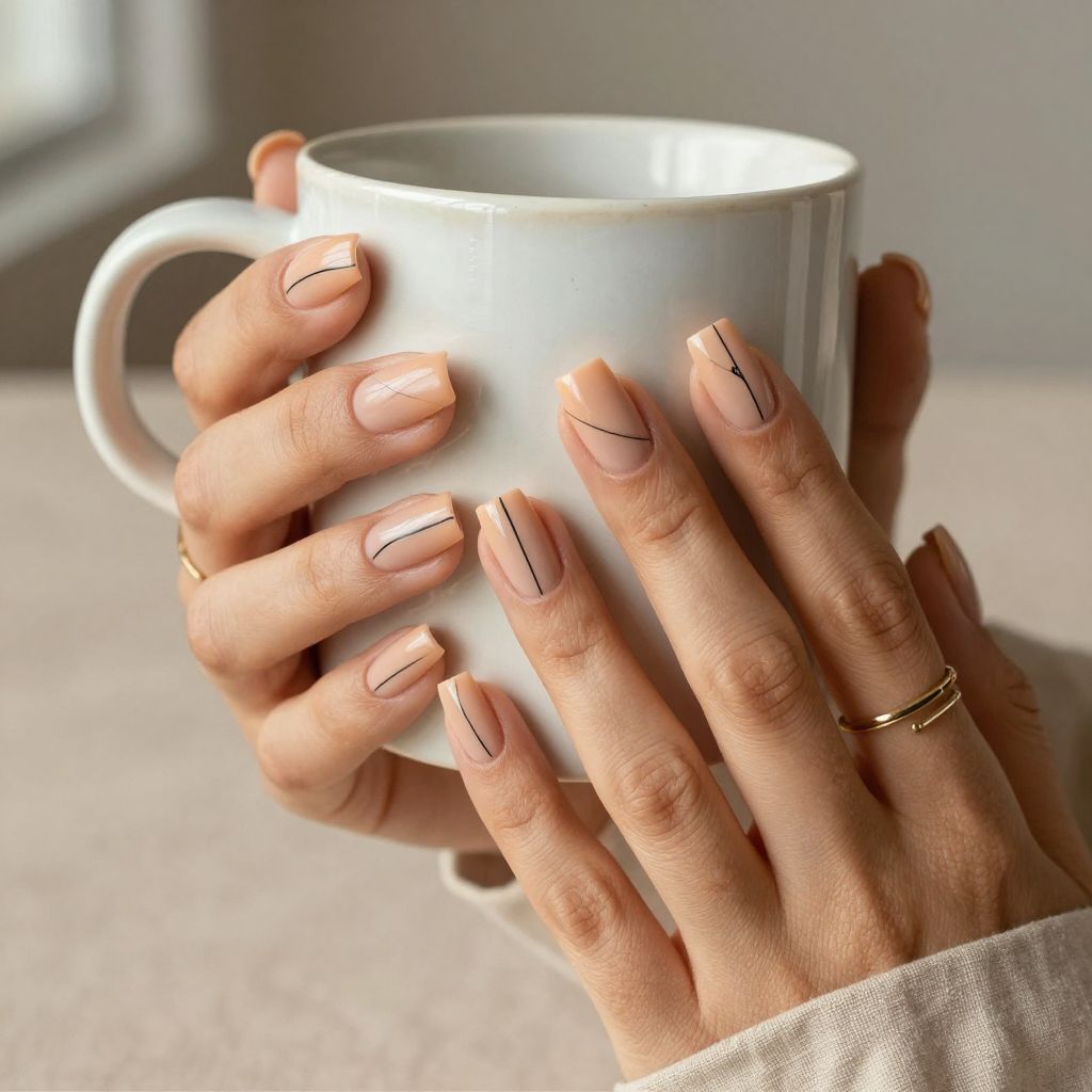 Peachy Beige Square Nails with Minimalist Lines