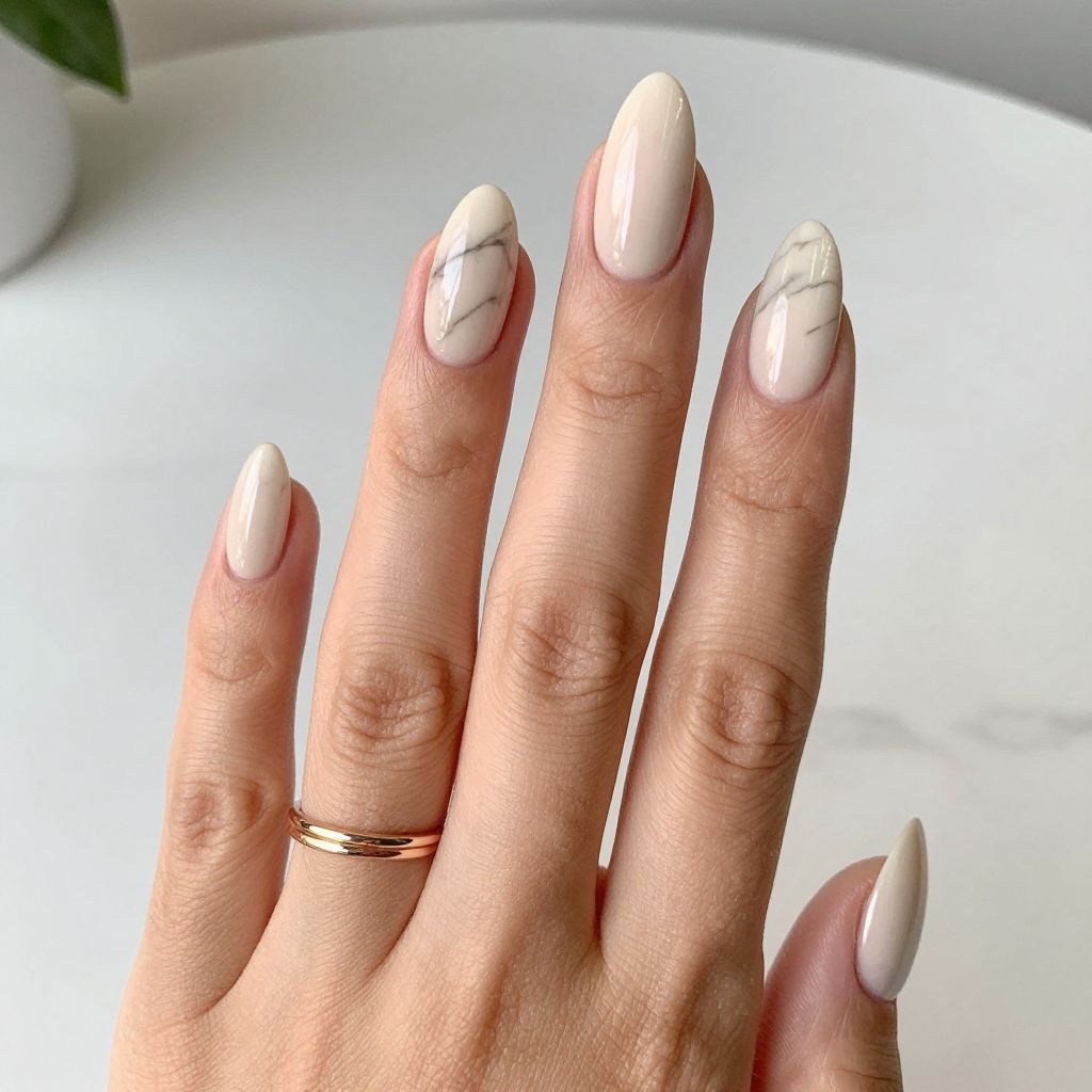 Nude Almond Nails with Subtle Marble Effect