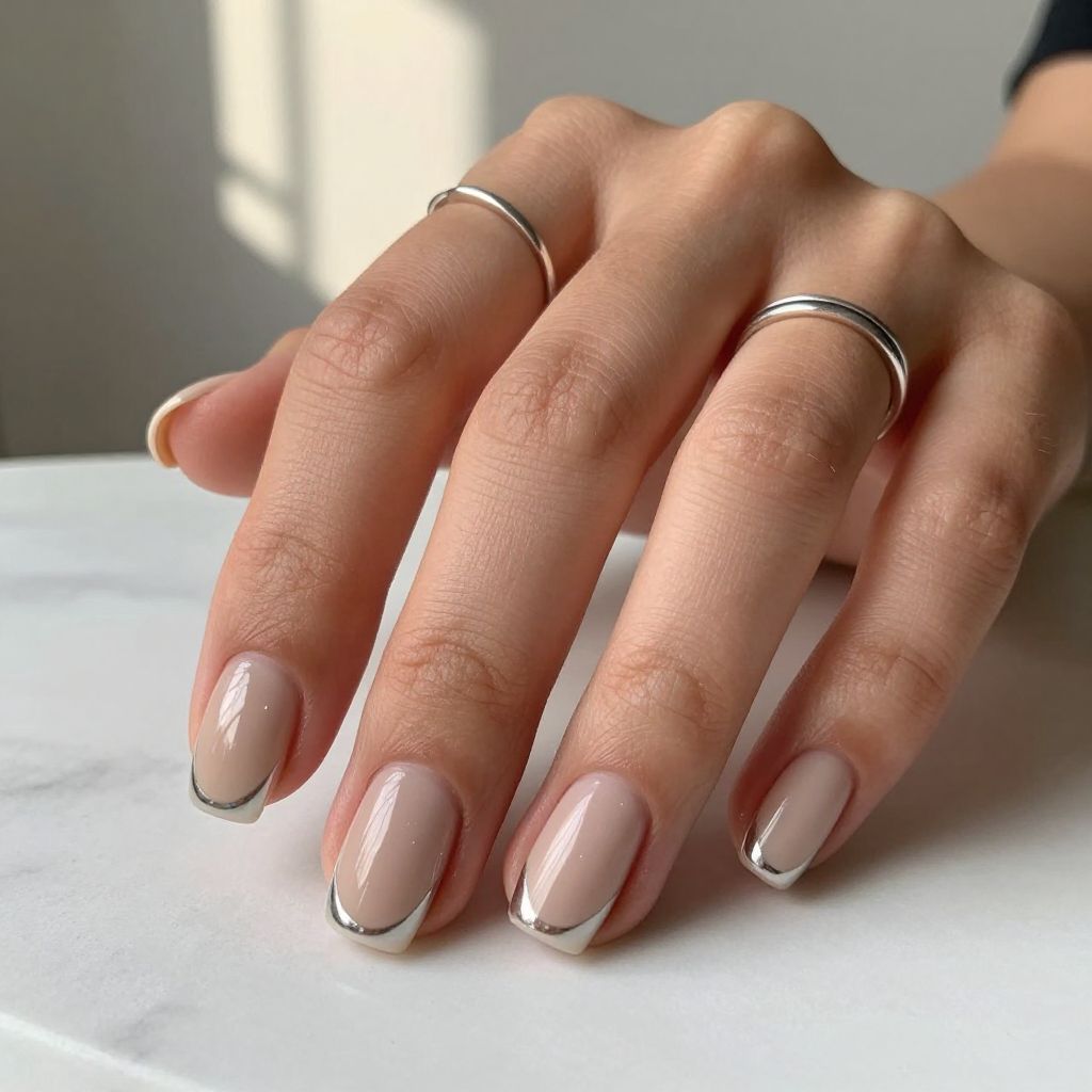 Nude Matte Square Nails with Chrome Details