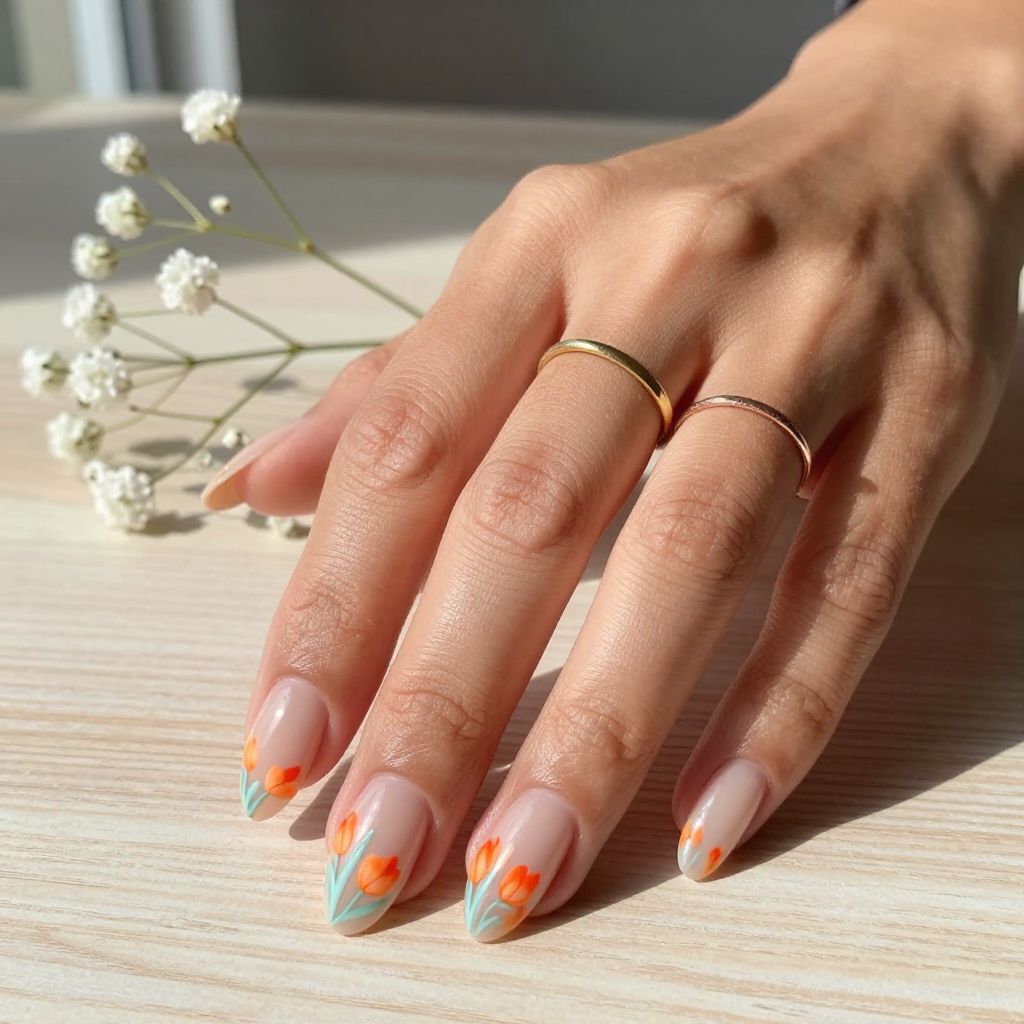 Orange Floral Nail Art
