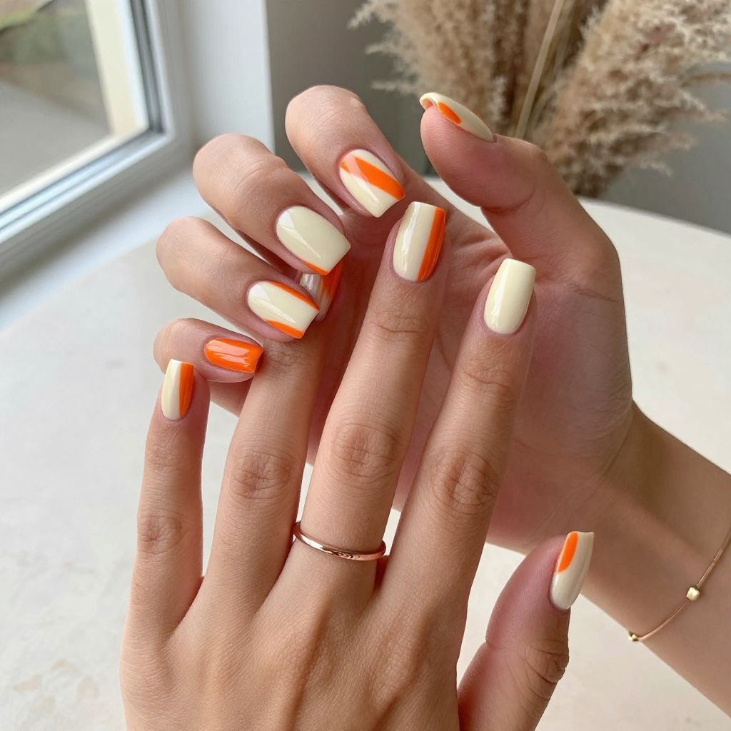 Orange and Cream Striped Nails