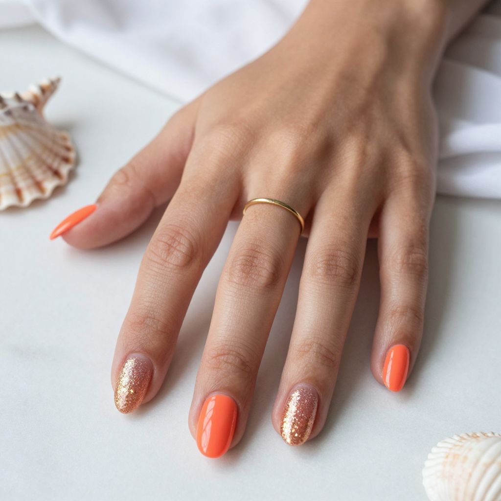 Coral Orange Glitter Nails